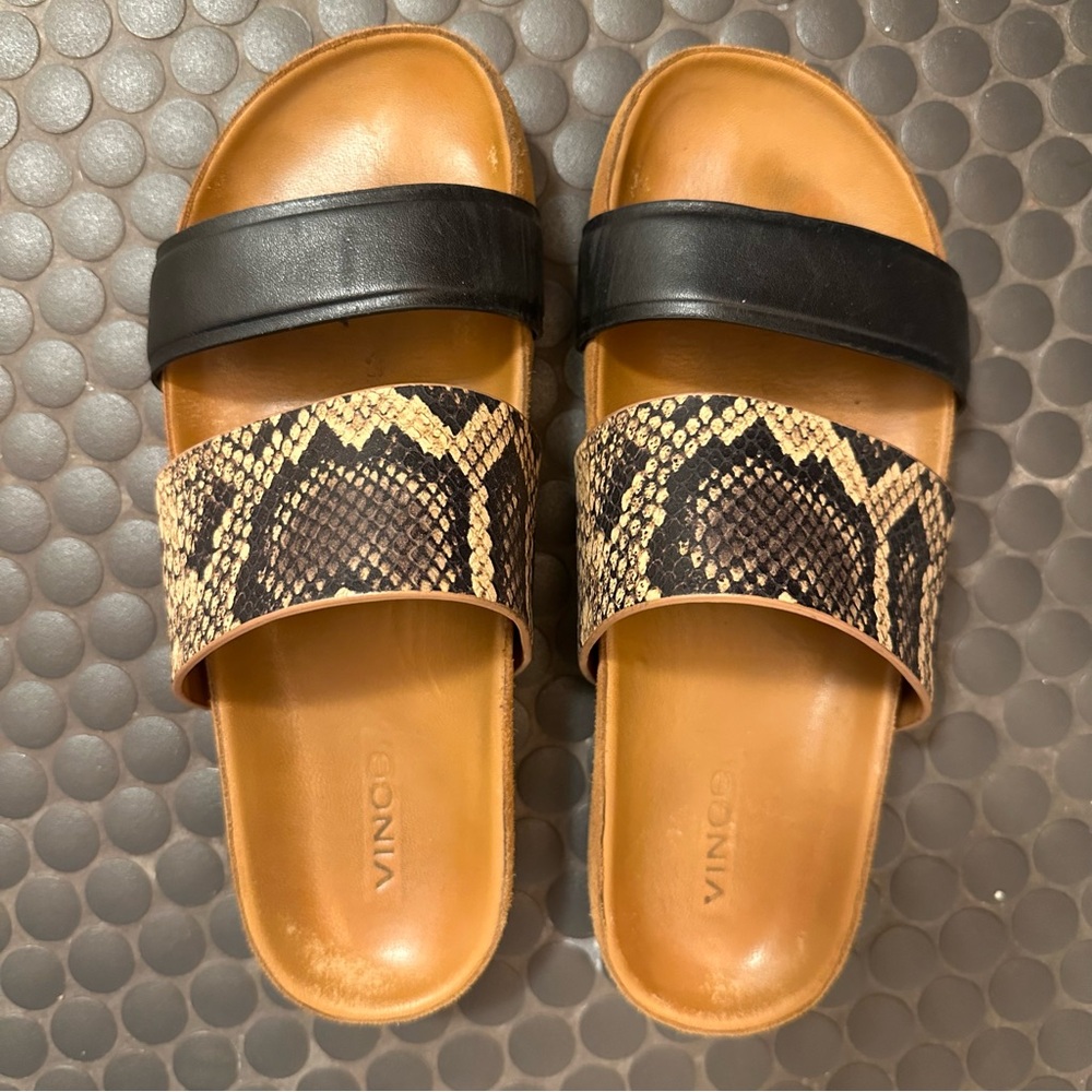 Vince Leather Slide Sandals Black Tan & Snakeskin Pattern Size 6.5/EUR 36.5